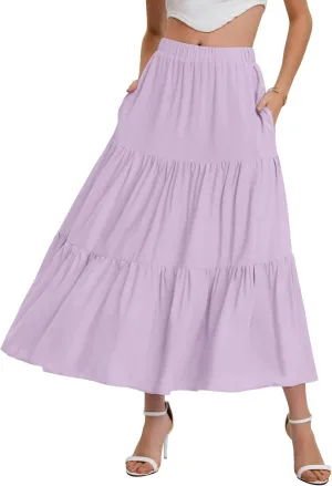 Bloggerlove Tiered Maxi Skirts for Women Trendy Summer Long Flowy Skirt Boho Beach Skirts with Pockets XS-XL
