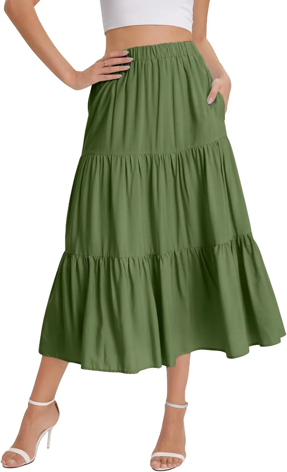 Bloggerlove Tiered Maxi Skirts for Women Trendy Summer Long Flowy Skirt Boho Beach Skirts with Pockets XS-XL
