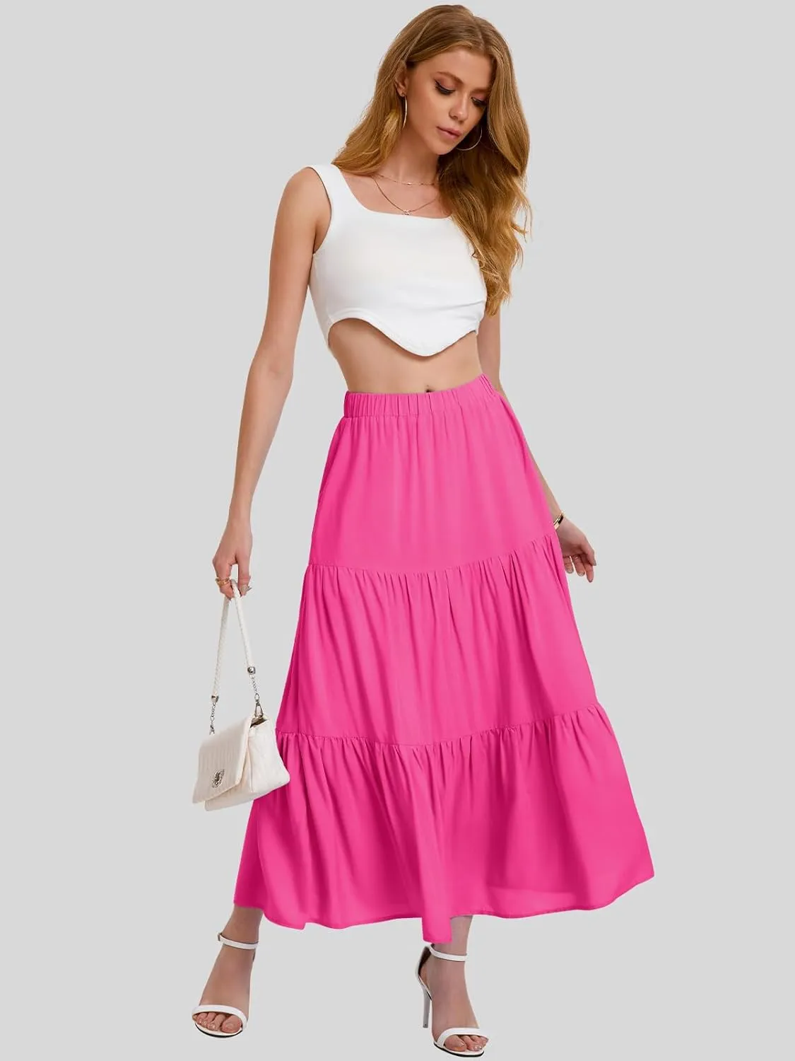 Bloggerlove Tiered Maxi Skirts for Women Trendy Summer Long Flowy Skirt Boho Beach Skirts with Pockets XS-XL