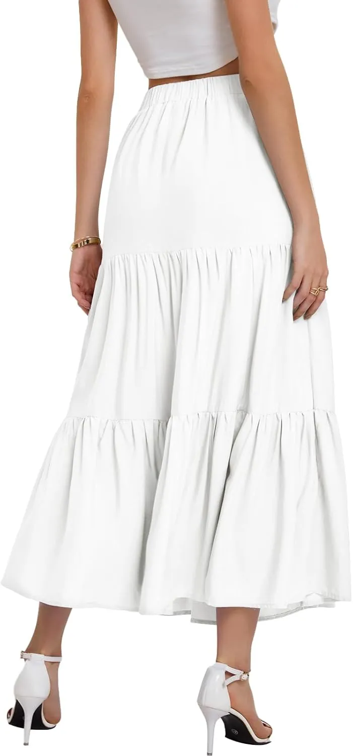 Bloggerlove Tiered Maxi Skirts for Women Trendy Summer Long Flowy Skirt Boho Beach Skirts with Pockets XS-XL