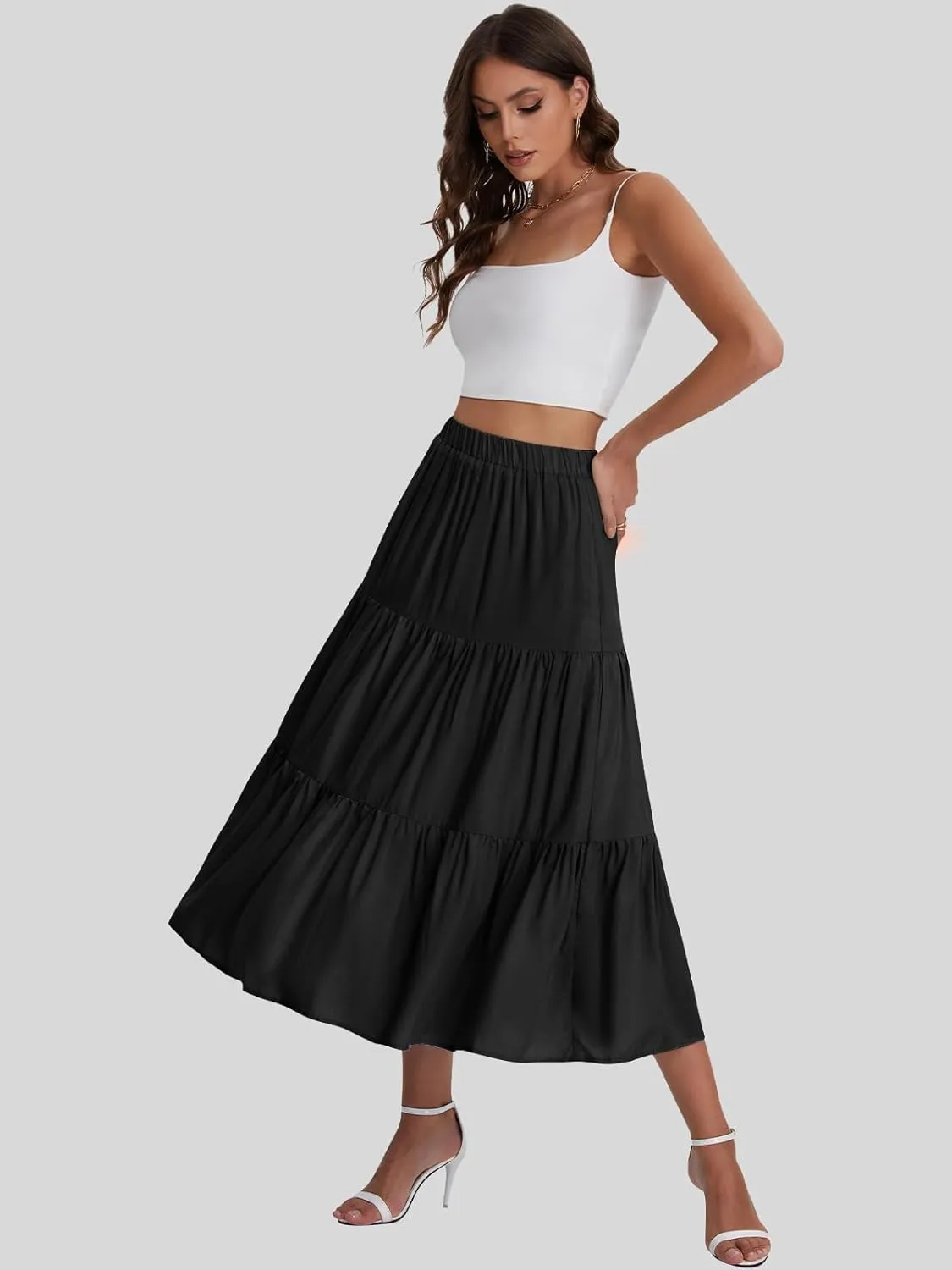 Bloggerlove Tiered Maxi Skirts for Women Trendy Summer Long Flowy Skirt Boho Beach Skirts with Pockets XS-XL