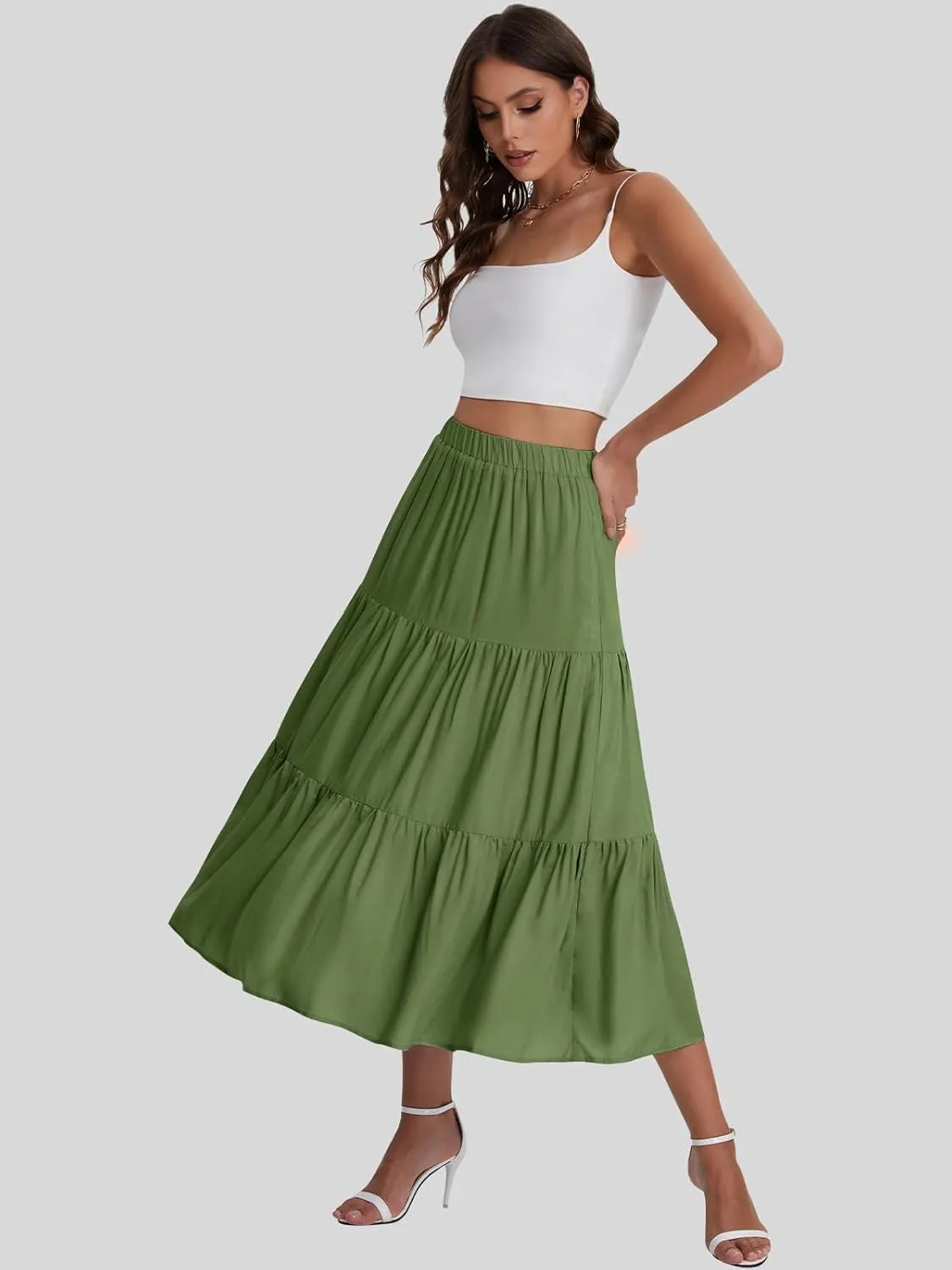 Bloggerlove Tiered Maxi Skirts for Women Trendy Summer Long Flowy Skirt Boho Beach Skirts with Pockets XS-XL