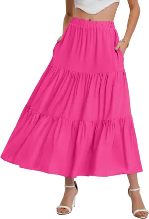 Bloggerlove Tiered Maxi Skirts for Women Trendy Summer Long Flowy Skirt Boho Beach Skirts with Pockets XS-XL