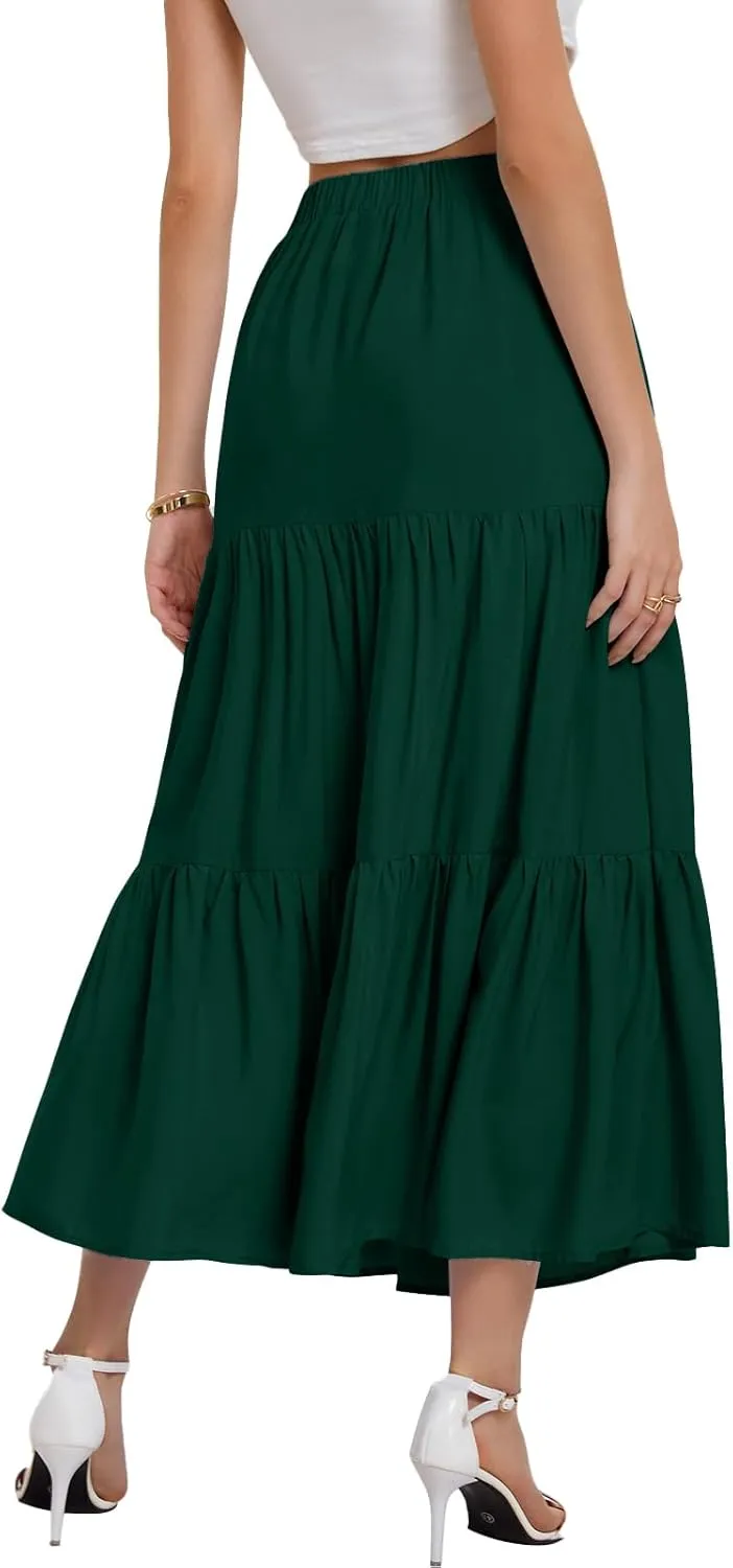 Bloggerlove Tiered Maxi Skirts for Women Trendy Summer Long Flowy Skirt Boho Beach Skirts with Pockets XS-XL
