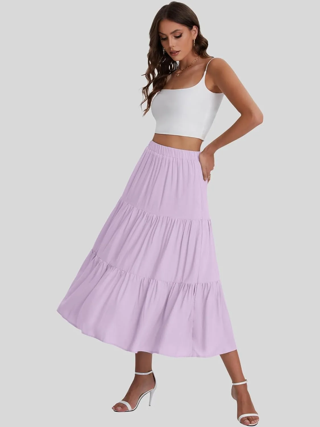 Bloggerlove Tiered Maxi Skirts for Women Trendy Summer Long Flowy Skirt Boho Beach Skirts with Pockets XS-XL