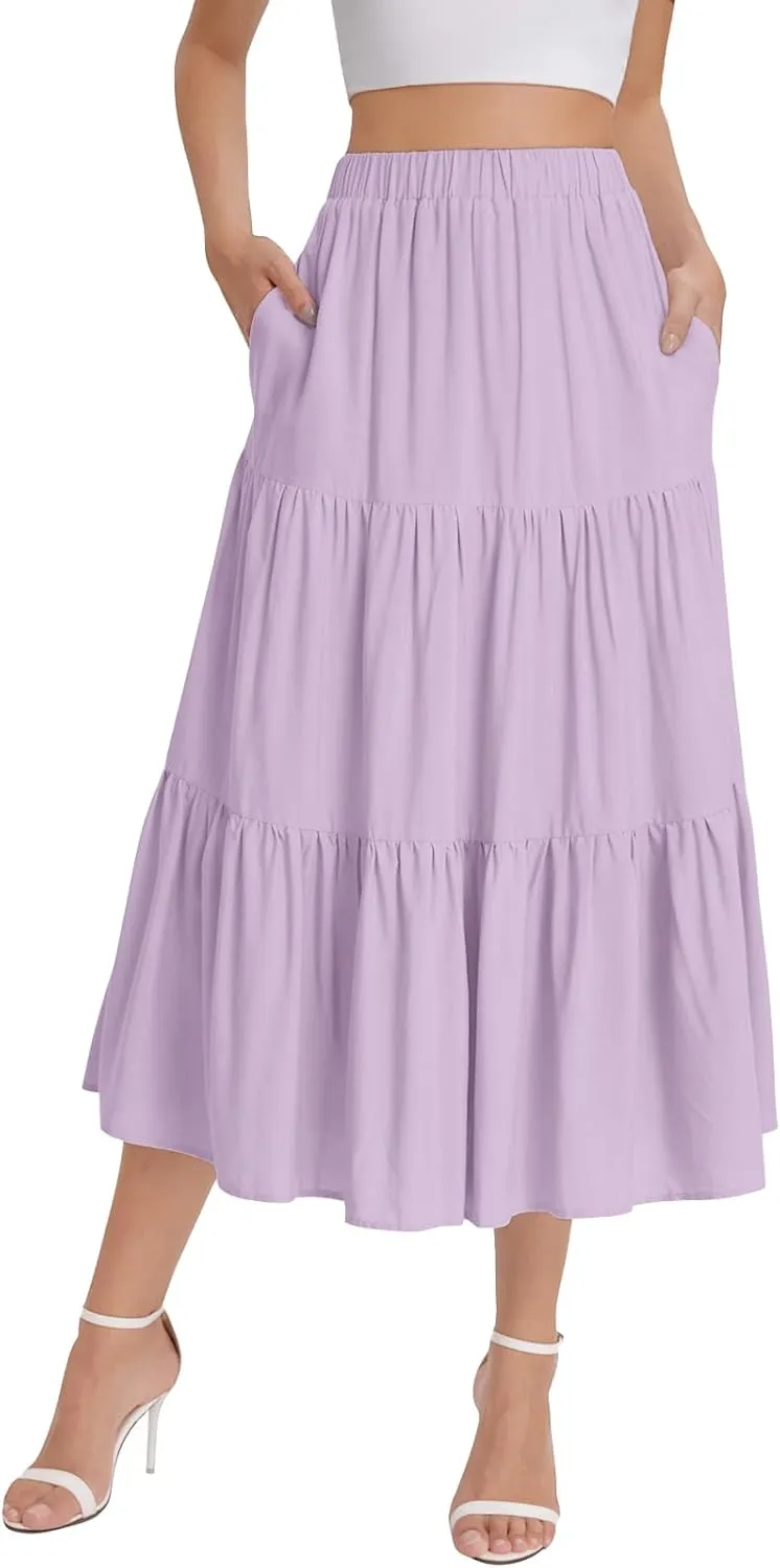 Bloggerlove Tiered Maxi Skirts for Women Trendy Summer Long Flowy Skirt Boho Beach Skirts with Pockets XS-XL