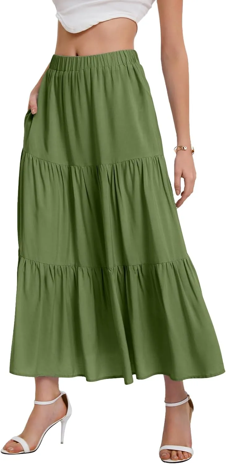 Bloggerlove Tiered Maxi Skirts for Women Trendy Summer Long Flowy Skirt Boho Beach Skirts with Pockets XS-XL