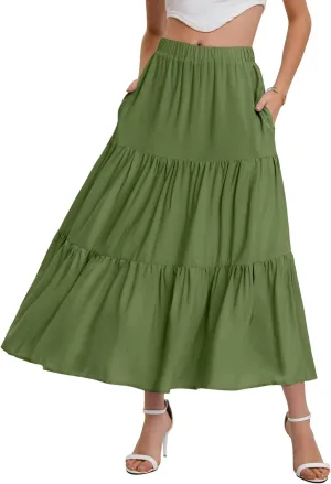 Bloggerlove Tiered Maxi Skirts for Women Trendy Summer Long Flowy Skirt Boho Beach Skirts with Pockets XS-XL
