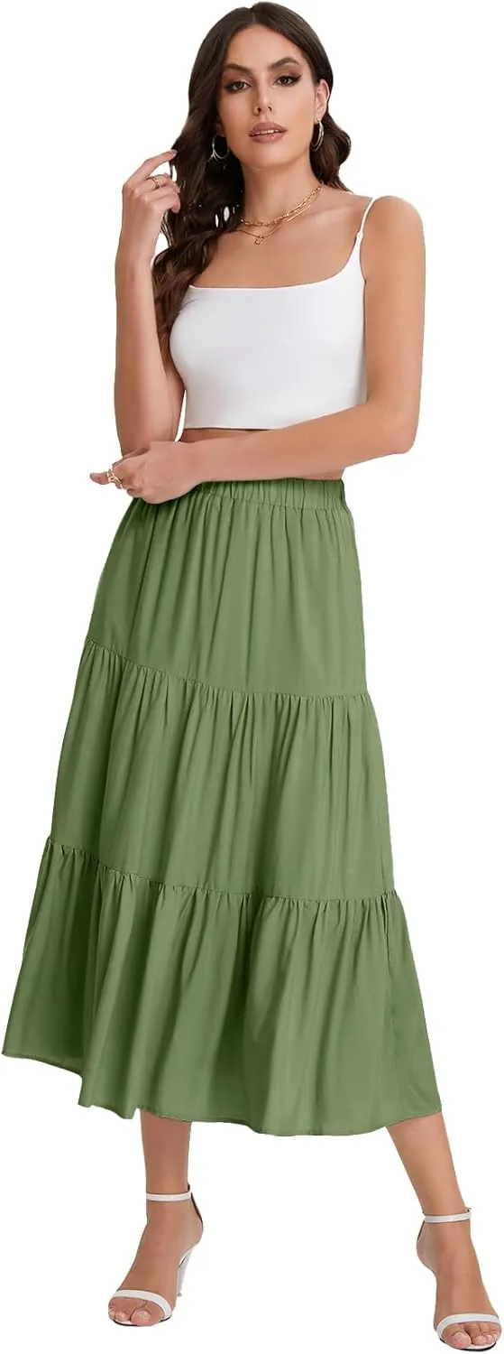 Bloggerlove Tiered Maxi Skirts for Women Trendy Summer Long Flowy Skirt Boho Beach Skirts with Pockets XS-XL