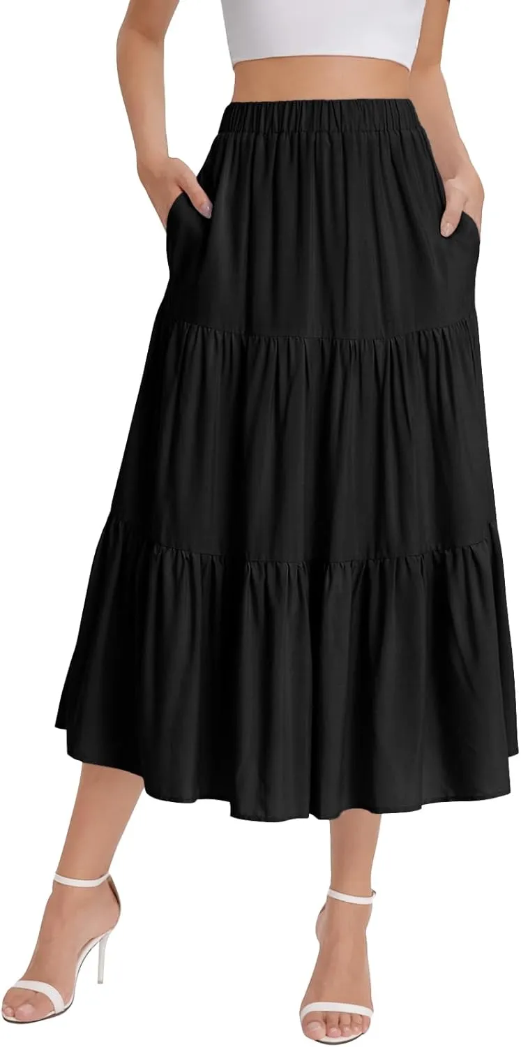 Bloggerlove Tiered Maxi Skirts for Women Trendy Summer Long Flowy Skirt Boho Beach Skirts with Pockets XS-XL