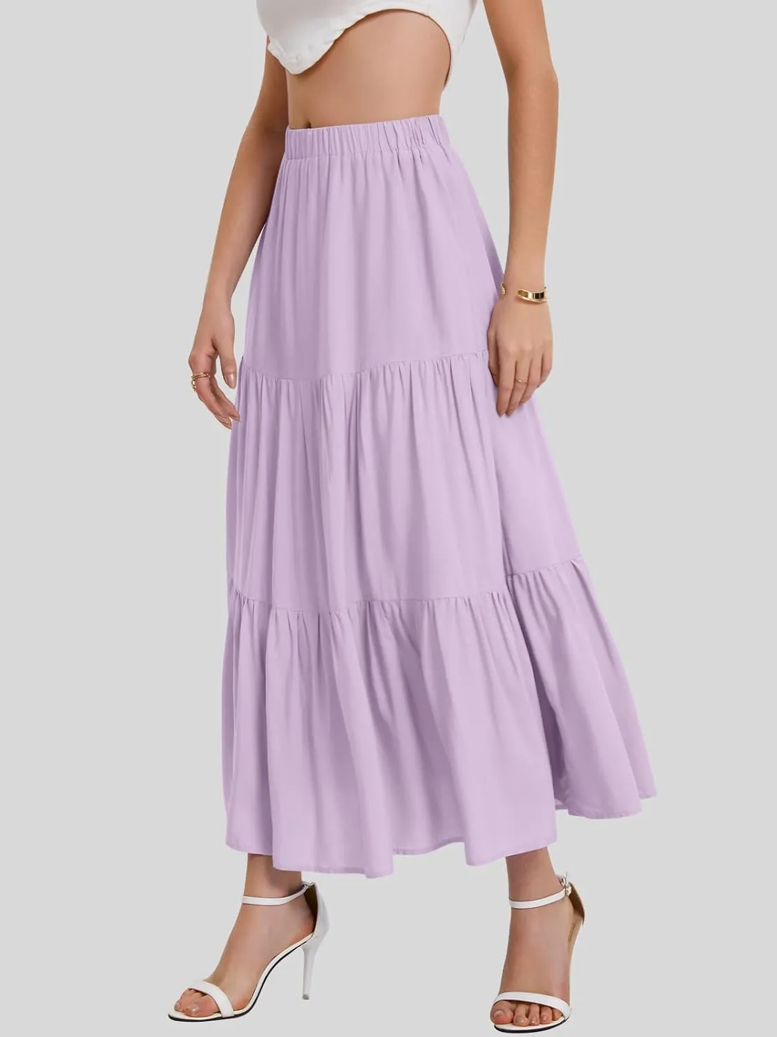 Bloggerlove Tiered Maxi Skirts for Women Trendy Summer Long Flowy Skirt Boho Beach Skirts with Pockets XS-XL