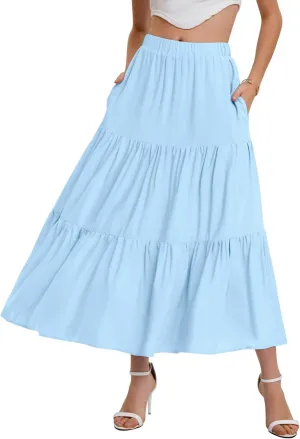 Bloggerlove Tiered Maxi Skirts for Women Trendy Summer Long Flowy Skirt Boho Beach Skirts with Pockets XS-XL