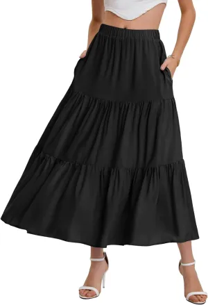 Bloggerlove Tiered Maxi Skirts for Women Trendy Summer Long Flowy Skirt Boho Beach Skirts with Pockets XS-XL