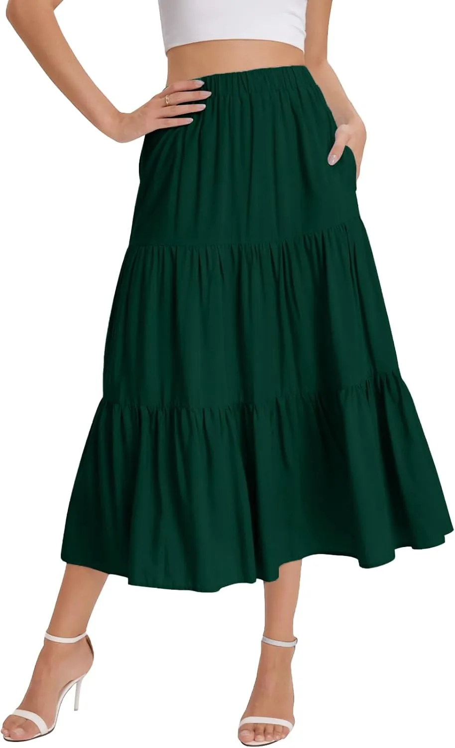 Bloggerlove Tiered Maxi Skirts for Women Trendy Summer Long Flowy Skirt Boho Beach Skirts with Pockets XS-XL