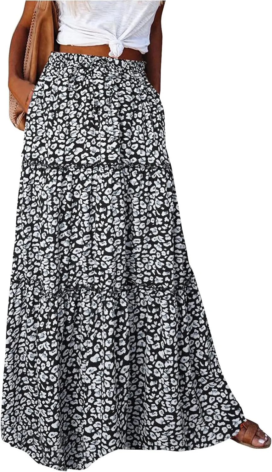 Bohemian Long Skirts Women's Flowy High Waist A Line Summer Pleated Maxi Skirts for Women with Pockets Drawstring