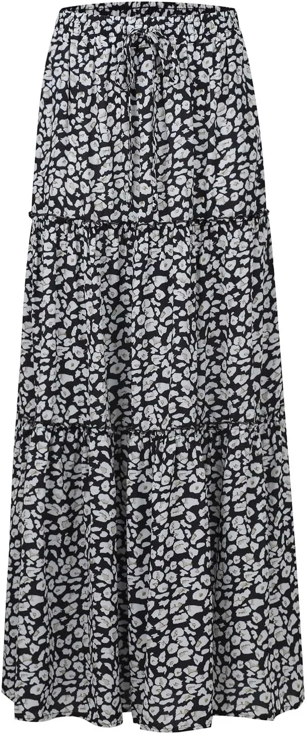 Bohemian Long Skirts Women's Flowy High Waist A Line Summer Pleated Maxi Skirts for Women with Pockets Drawstring