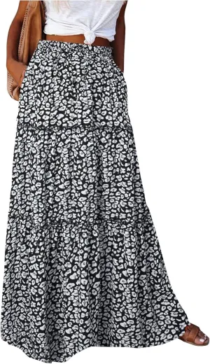Bohemian Long Skirts Women's Flowy High Waist A Line Summer Pleated Maxi Skirts for Women with Pockets Drawstring