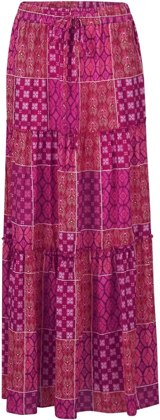 Boho Skirts for Women 2025 Summer Flowy High Waist A Line Pleated Maxi Skirts Elegant Floral Beach Outfits