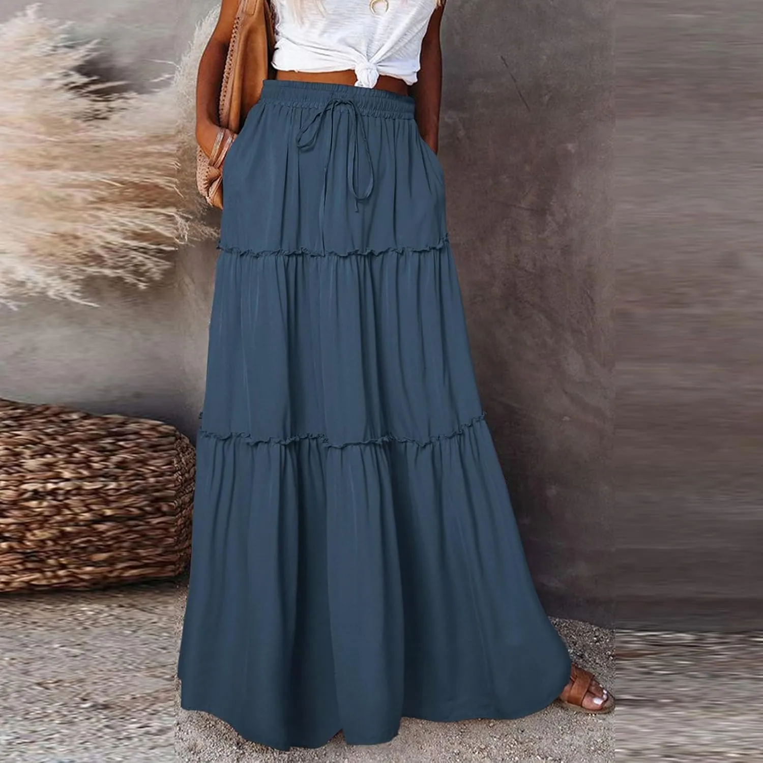 Boho Skirts for Women 2025 Summer Flowy High Waist A Line Pleated Maxi Skirts Elegant Floral Beach Outfits