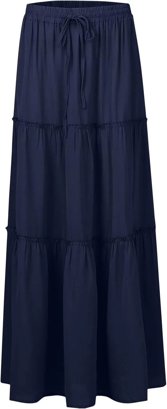 Boho Skirts for Women 2025 Summer Flowy High Waist A Line Pleated Maxi Skirts Elegant Floral Beach Outfits