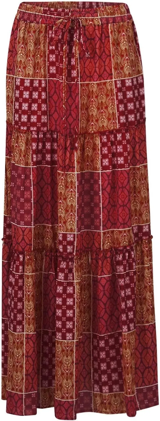 Boho Skirts for Women 2025 Summer Flowy High Waist A Line Pleated Maxi Skirts Elegant Floral Beach Outfits