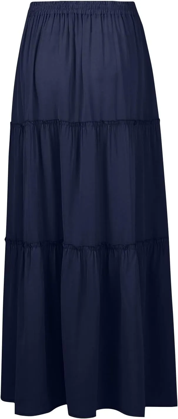 Boho Skirts for Women 2025 Summer Flowy High Waist A Line Pleated Maxi Skirts Elegant Floral Beach Outfits
