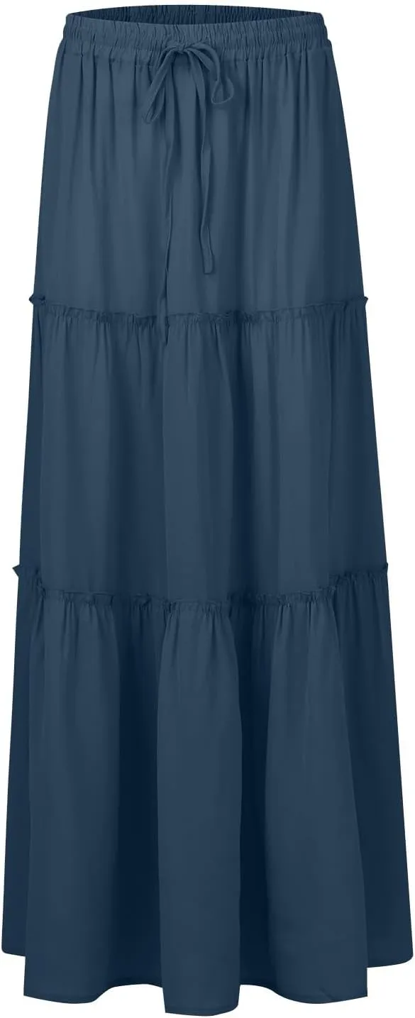 Boho Skirts for Women 2025 Summer Flowy High Waist A Line Pleated Maxi Skirts Elegant Floral Beach Outfits