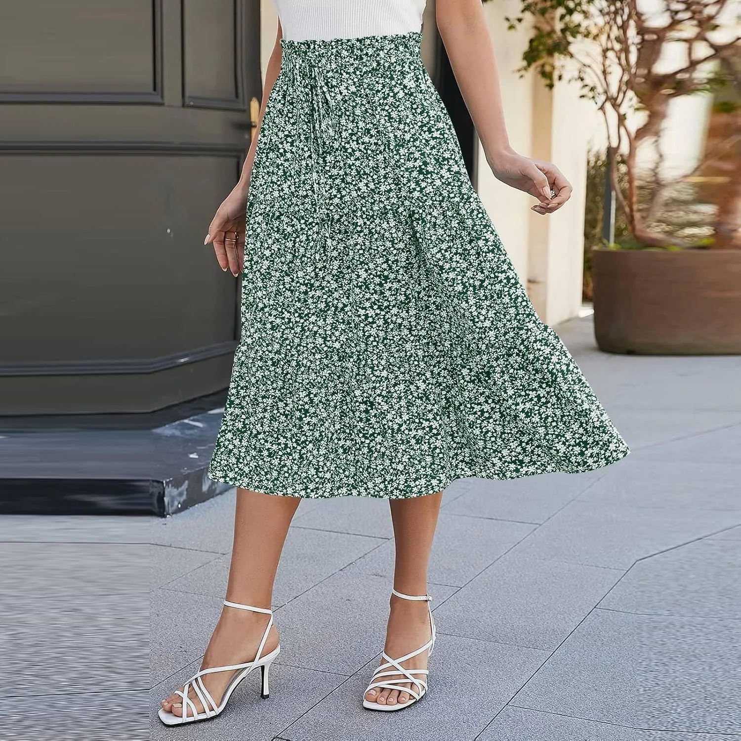 Boho Skirts for Women Elastic High Waist Pleated Ruffle Long Beach Skirt Cute Vacation Holiday Skirts