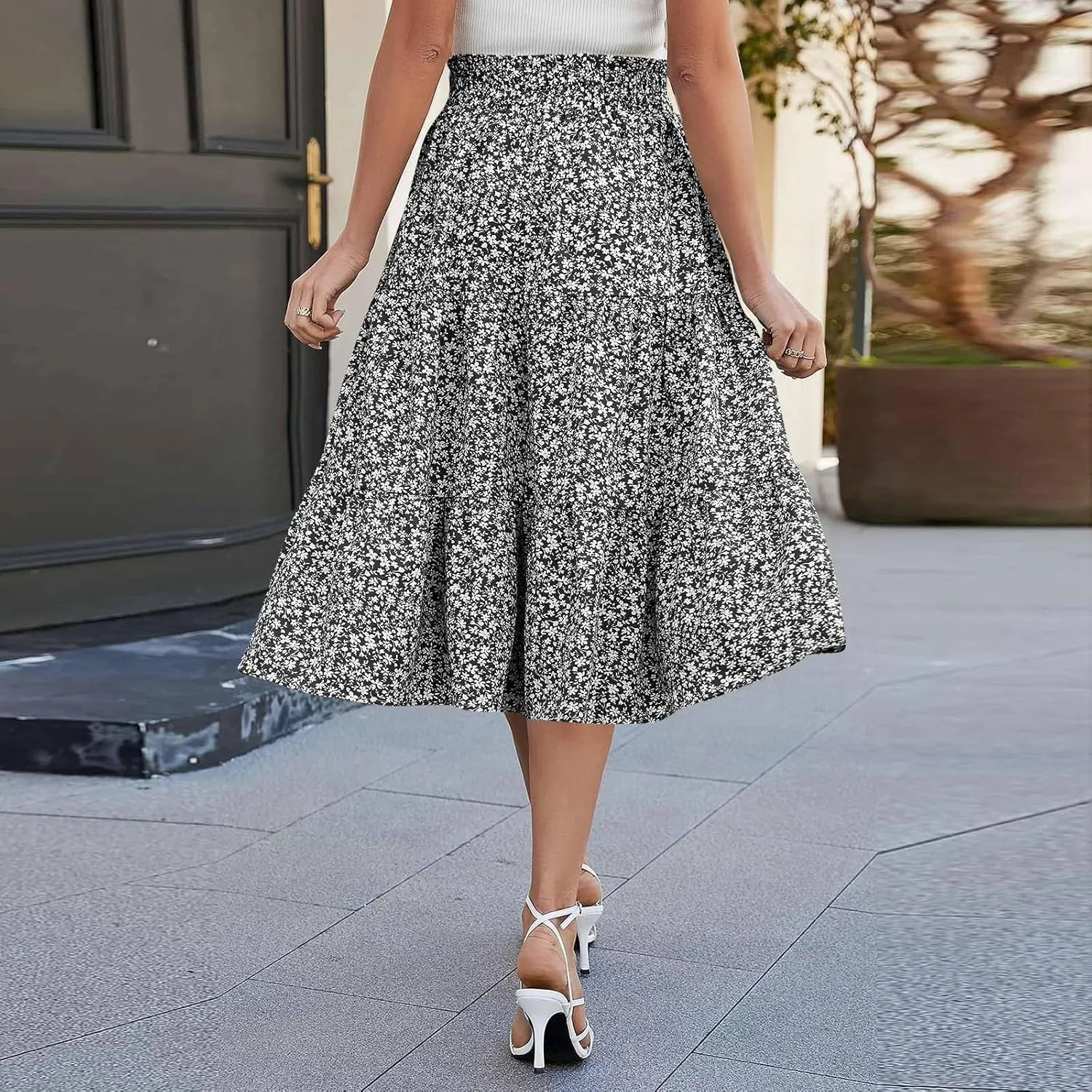 Boho Skirts for Women Elastic High Waist Pleated Ruffle Long Beach Skirt Cute Vacation Holiday Skirts