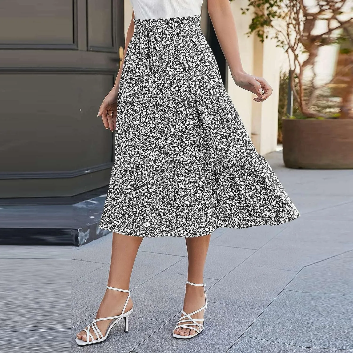 Boho Skirts for Women Elastic High Waist Pleated Ruffle Long Beach Skirt Cute Vacation Holiday Skirts