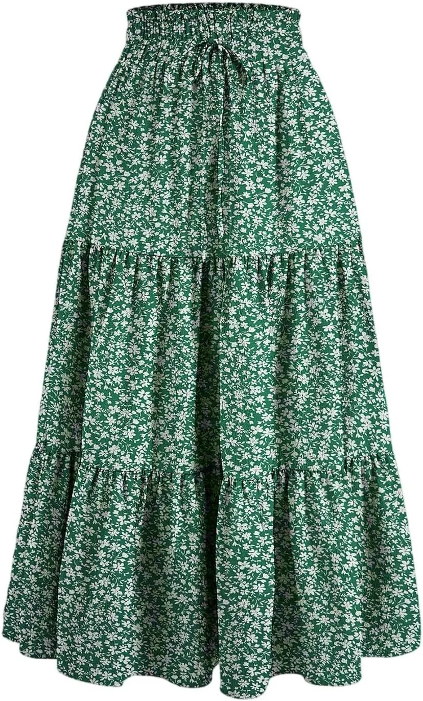 Boho Skirts for Women Elastic High Waist Pleated Ruffle Long Beach Skirt Cute Vacation Holiday Skirts