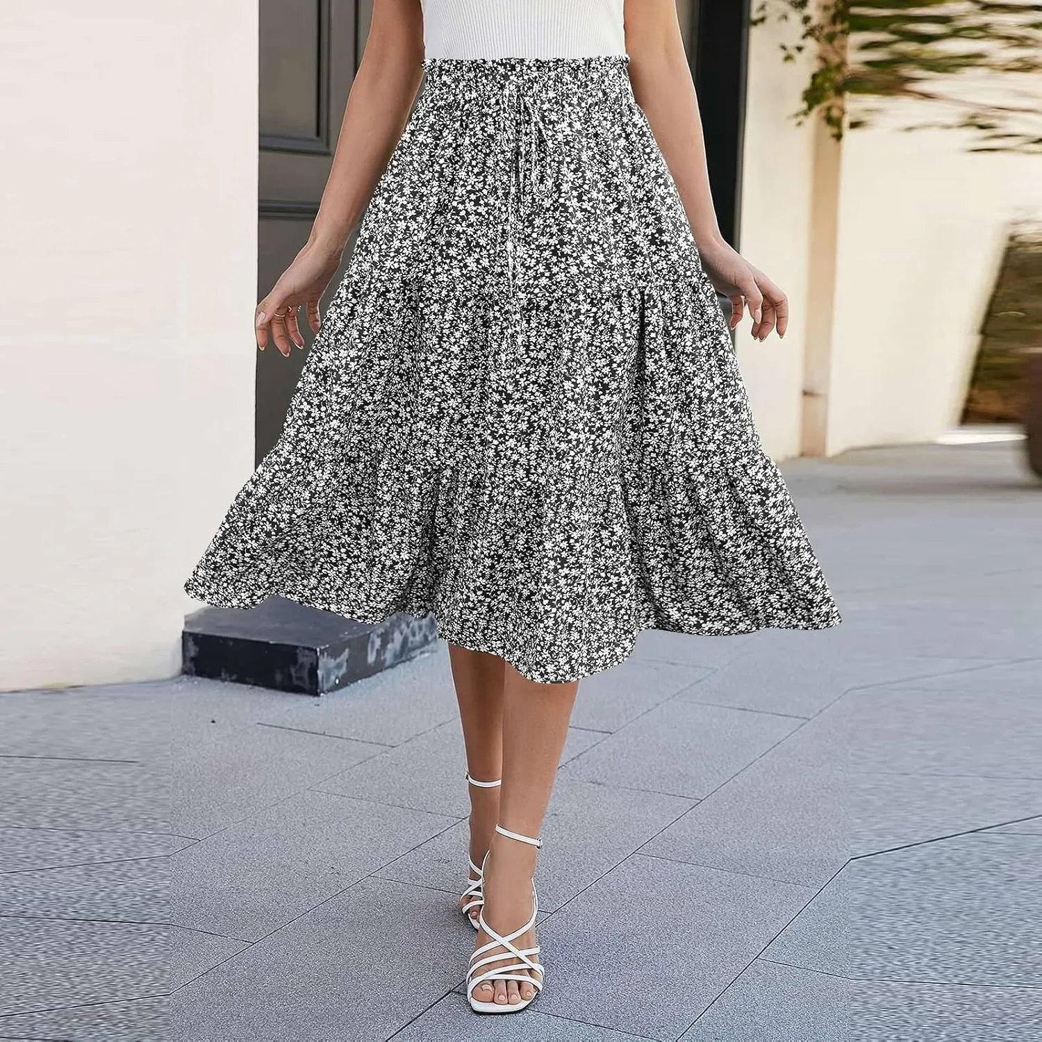 Boho Skirts for Women Elastic High Waist Pleated Ruffle Long Beach Skirt Cute Vacation Holiday Skirts