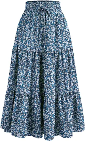 Boho Skirts for Women Elastic High Waist Pleated Ruffle Long Beach Skirt Cute Vacation Holiday Skirts