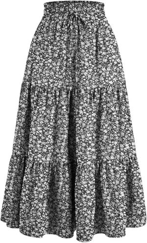 Boho Skirts for Women Elastic High Waist Pleated Ruffle Long Beach Skirt Cute Vacation Holiday Skirts