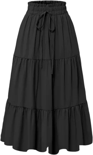 Boho Skirts for Women Elastic High Waist Pleated Ruffle Long Beach Skirt Cute Vacation Holiday Skirts
