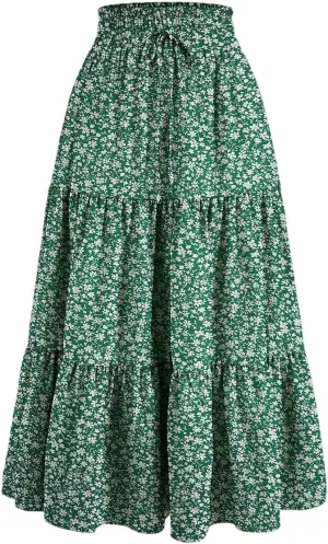 Boho Skirts for Women Elastic High Waist Pleated Ruffle Long Beach Skirt Cute Vacation Holiday Skirts