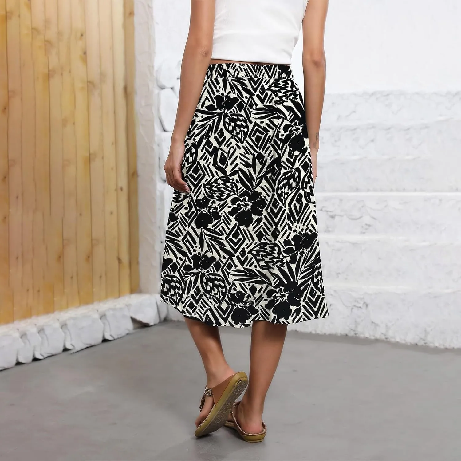 Boho Skirts for Women Midi Length High Waisted Pleated Flowy Skirt Floral Casual Stretch Beach A Line Skirt w/Pockets