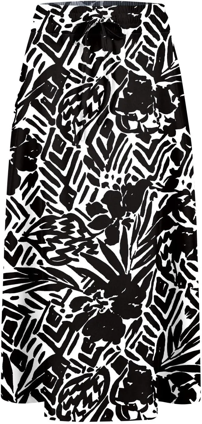 Boho Skirts for Women Midi Length High Waisted Pleated Flowy Skirt Floral Casual Stretch Beach A Line Skirt w/Pockets
