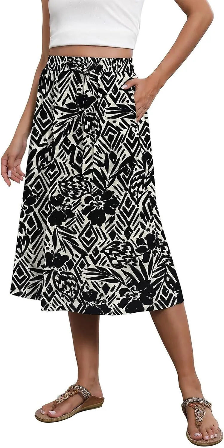 Boho Skirts for Women Midi Length High Waisted Pleated Flowy Skirt Floral Casual Stretch Beach A Line Skirt w/Pockets