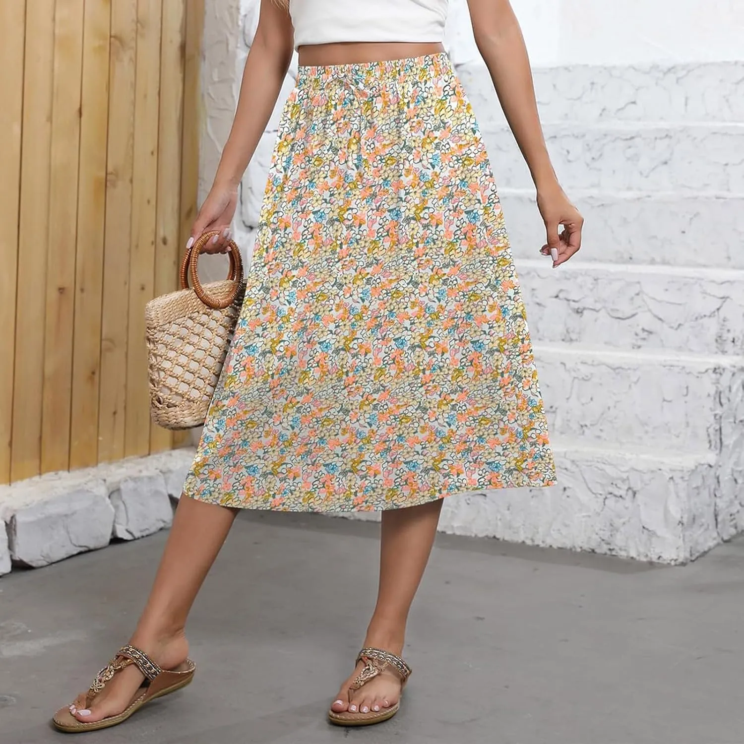 Boho Skirts for Women Midi Length High Waisted Pleated Flowy Skirt Floral Casual Stretch Beach A Line Skirt w/Pockets