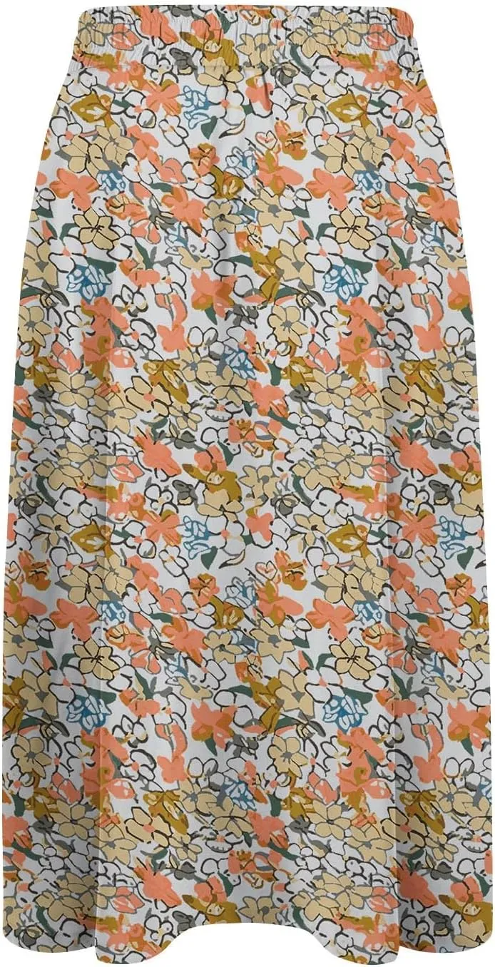Boho Skirts for Women Midi Length High Waisted Pleated Flowy Skirt Floral Casual Stretch Beach A Line Skirt w/Pockets