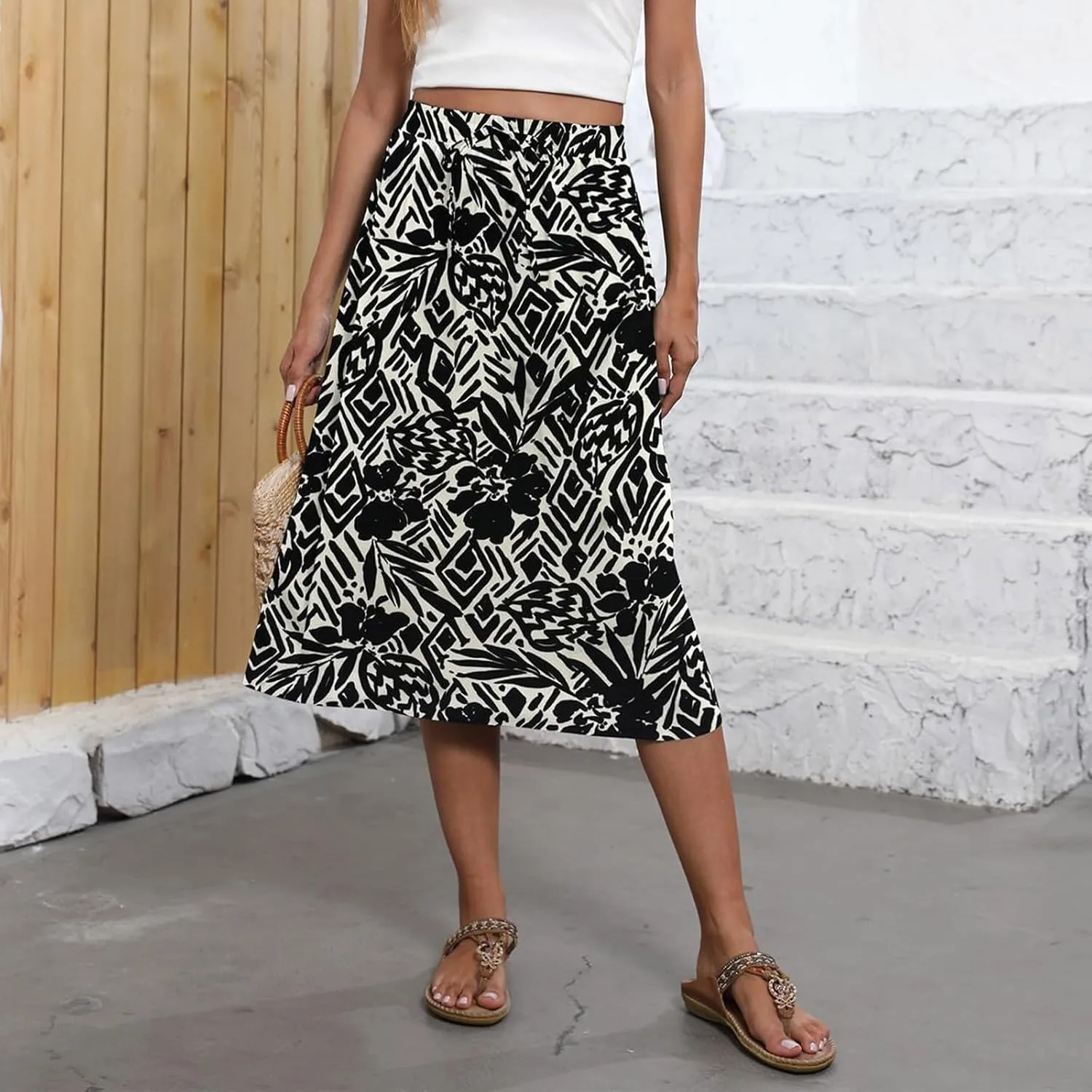 Boho Skirts for Women Midi Length High Waisted Pleated Flowy Skirt Floral Casual Stretch Beach A Line Skirt w/Pockets