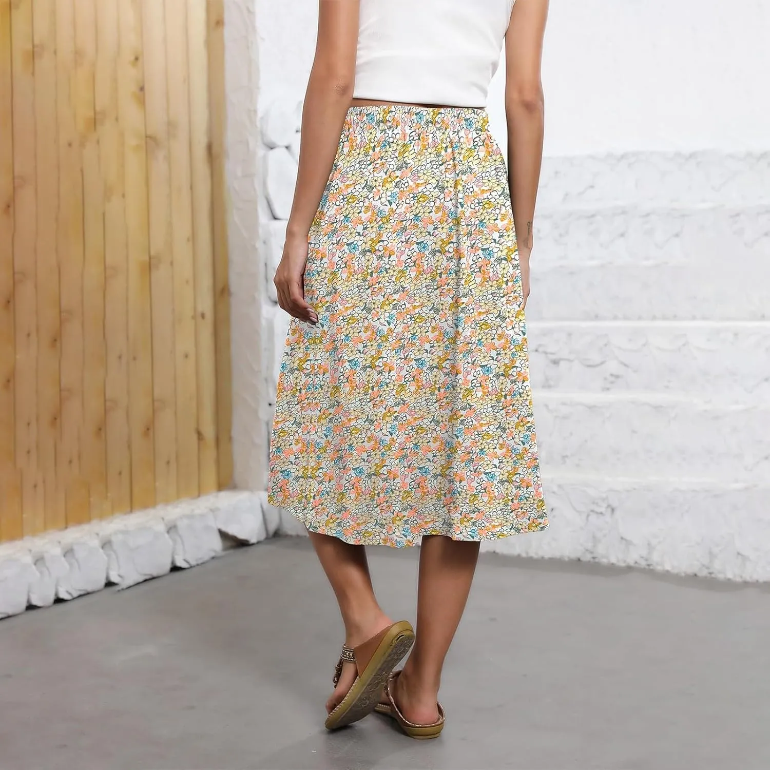 Boho Skirts for Women Midi Length High Waisted Pleated Flowy Skirt Floral Casual Stretch Beach A Line Skirt w/Pockets