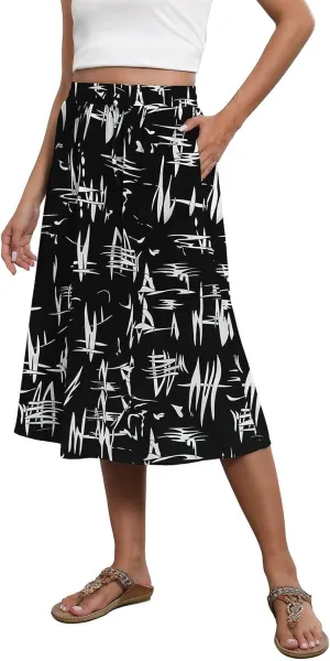 Boho Skirts for Women Midi Length High Waisted Pleated Flowy Skirt Floral Casual Stretch Beach A Line Skirt w/Pockets