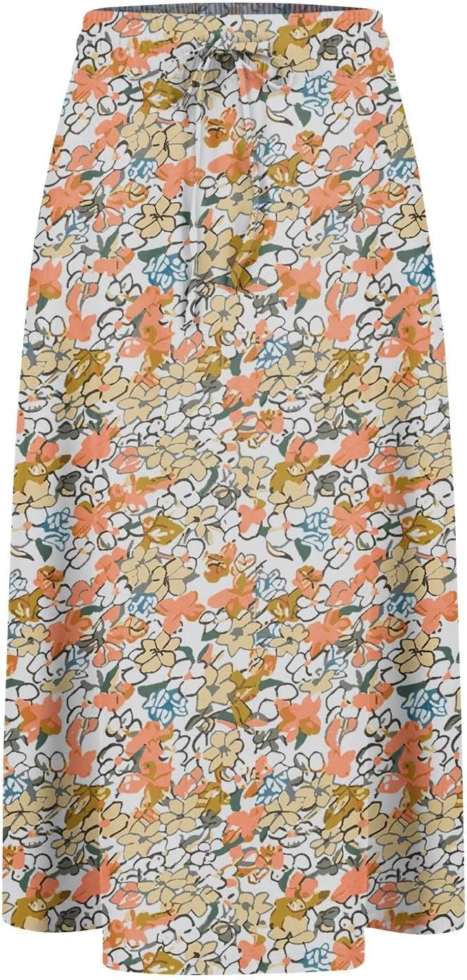 Boho Skirts for Women Midi Length High Waisted Pleated Flowy Skirt Floral Casual Stretch Beach A Line Skirt w/Pockets