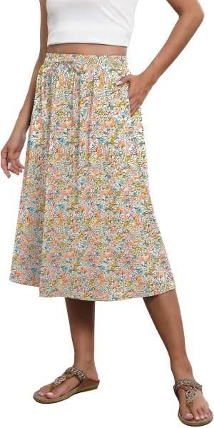 Boho Skirts for Women Midi Length High Waisted Pleated Flowy Skirt Floral Casual Stretch Beach A Line Skirt w/Pockets