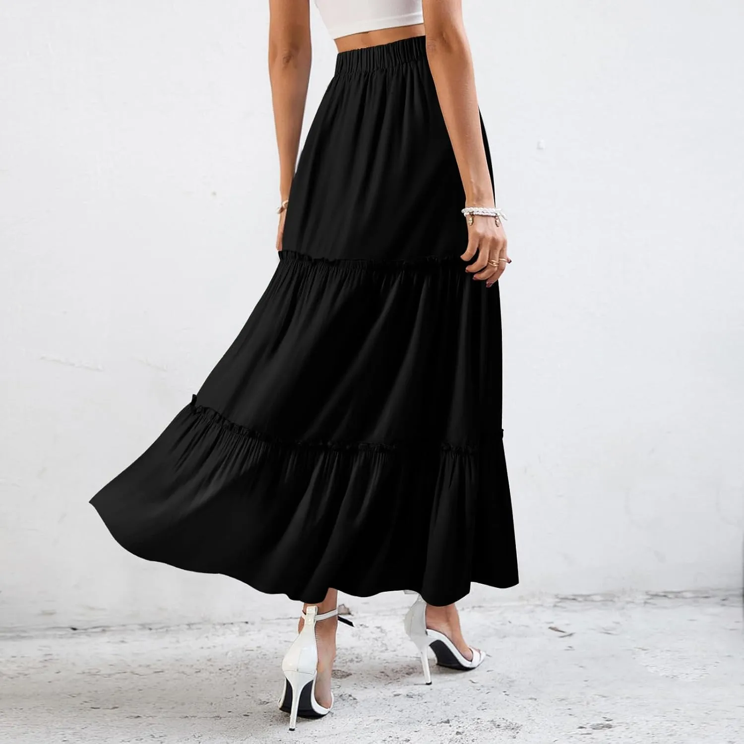 BOMAROLAN Women's Maxi Skirts Summer Elastic High Waist Boho Flowy Skirt A Line Long Skirts Ruffle Swing Beach Skirts