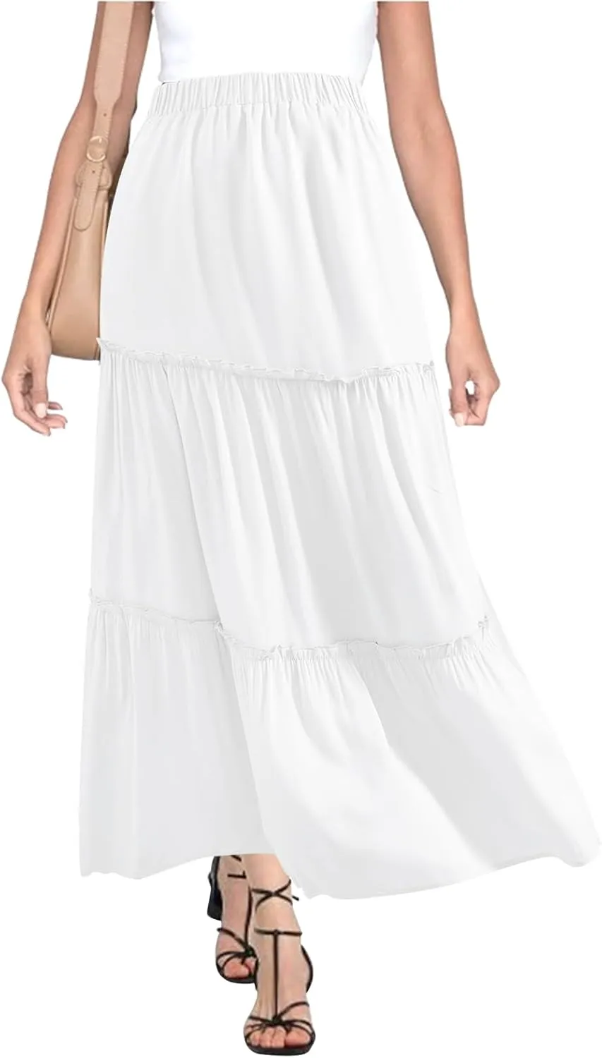BOMAROLAN Women's Maxi Skirts Summer Elastic High Waist Boho Flowy Skirt A Line Long Skirts Ruffle Swing Beach Skirts