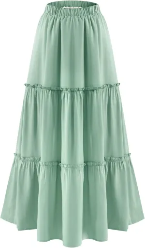 BOMAROLAN Women's Maxi Skirts Summer Elastic High Waist Boho Flowy Skirt A Line Long Skirts Ruffle Swing Beach Skirts