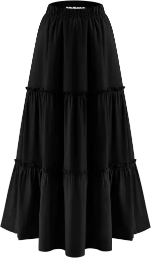 BOMAROLAN Women's Maxi Skirts Summer Elastic High Waist Boho Flowy Skirt A Line Long Skirts Ruffle Swing Beach Skirts
